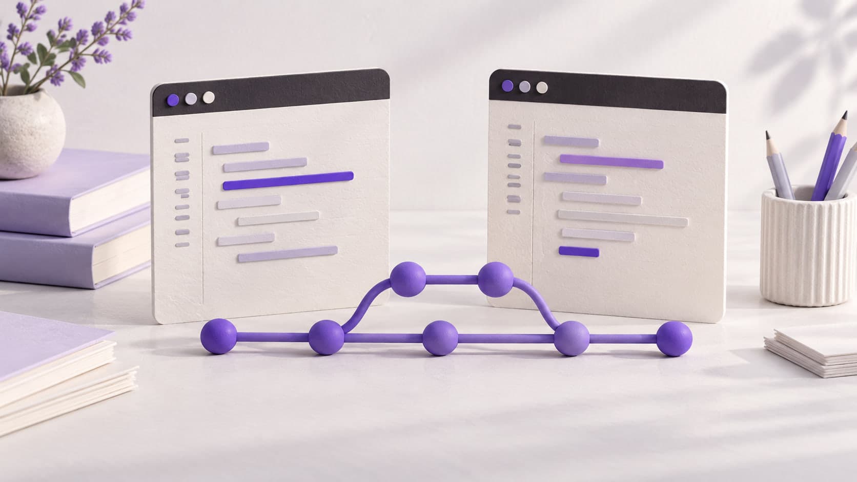 Deux fenêtres de code en papier ivoire encadrent une branche violette qui quitte la ligne principale, puis la rejoint.