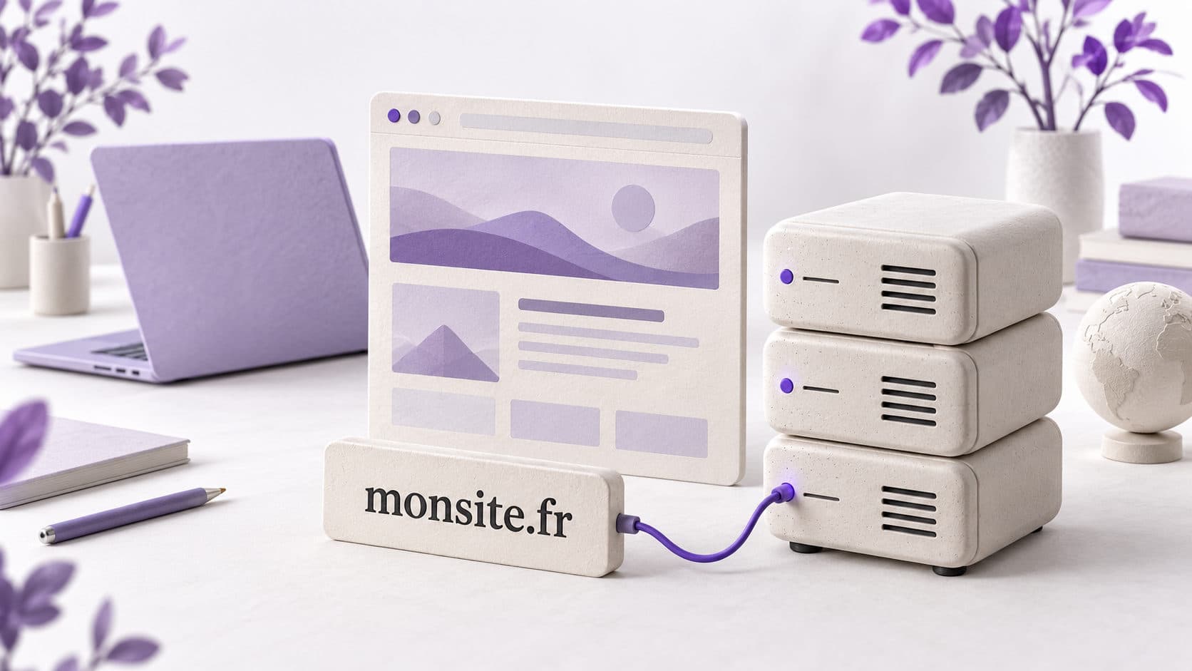 Sur un bureau clair, une plaque portant l’adresse monsite.fr est reliée par un câble violet à une pile de trois serveurs, devant la maquette d’une page web.