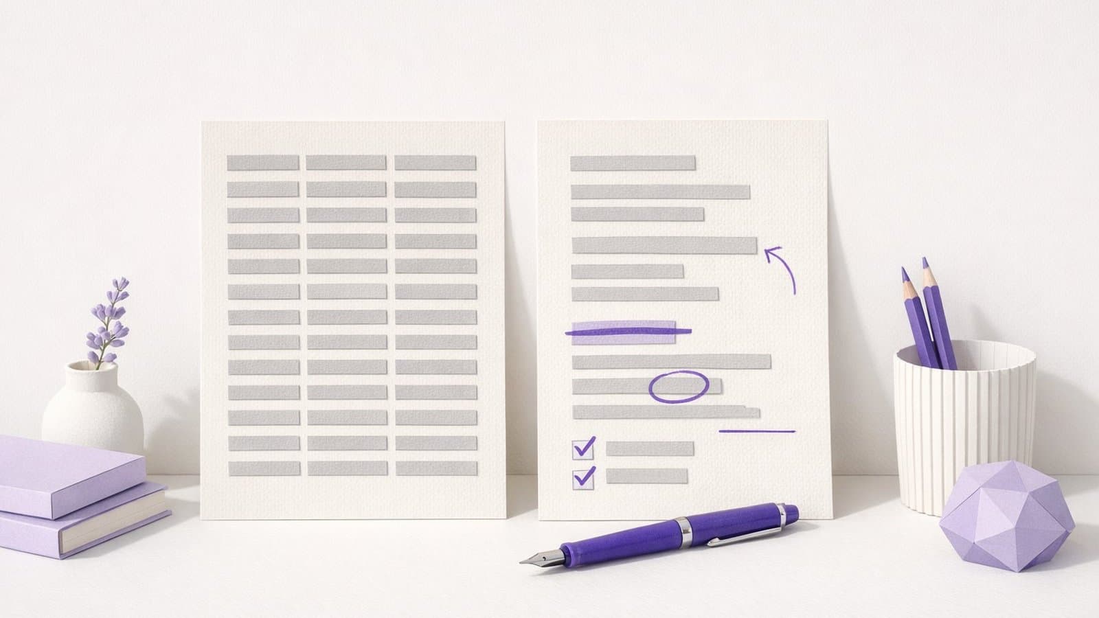 Deux feuilles de papier ivoire : à gauche des lignes grises identiques, à droite un texte varié corrigé au stylo violet.