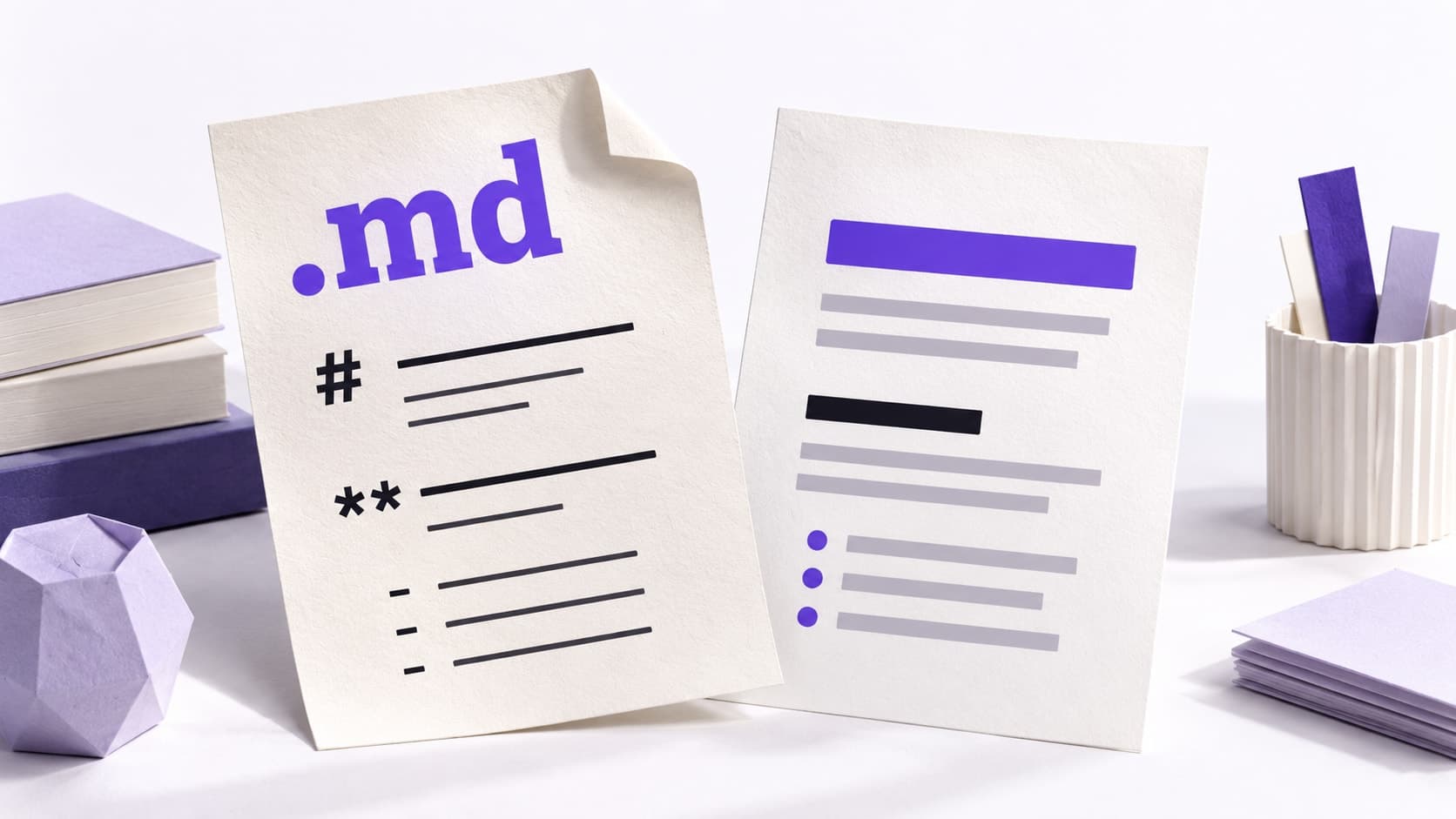 Deux feuilles de papier illustrent le passage des signes Markdown à un document mis en forme.