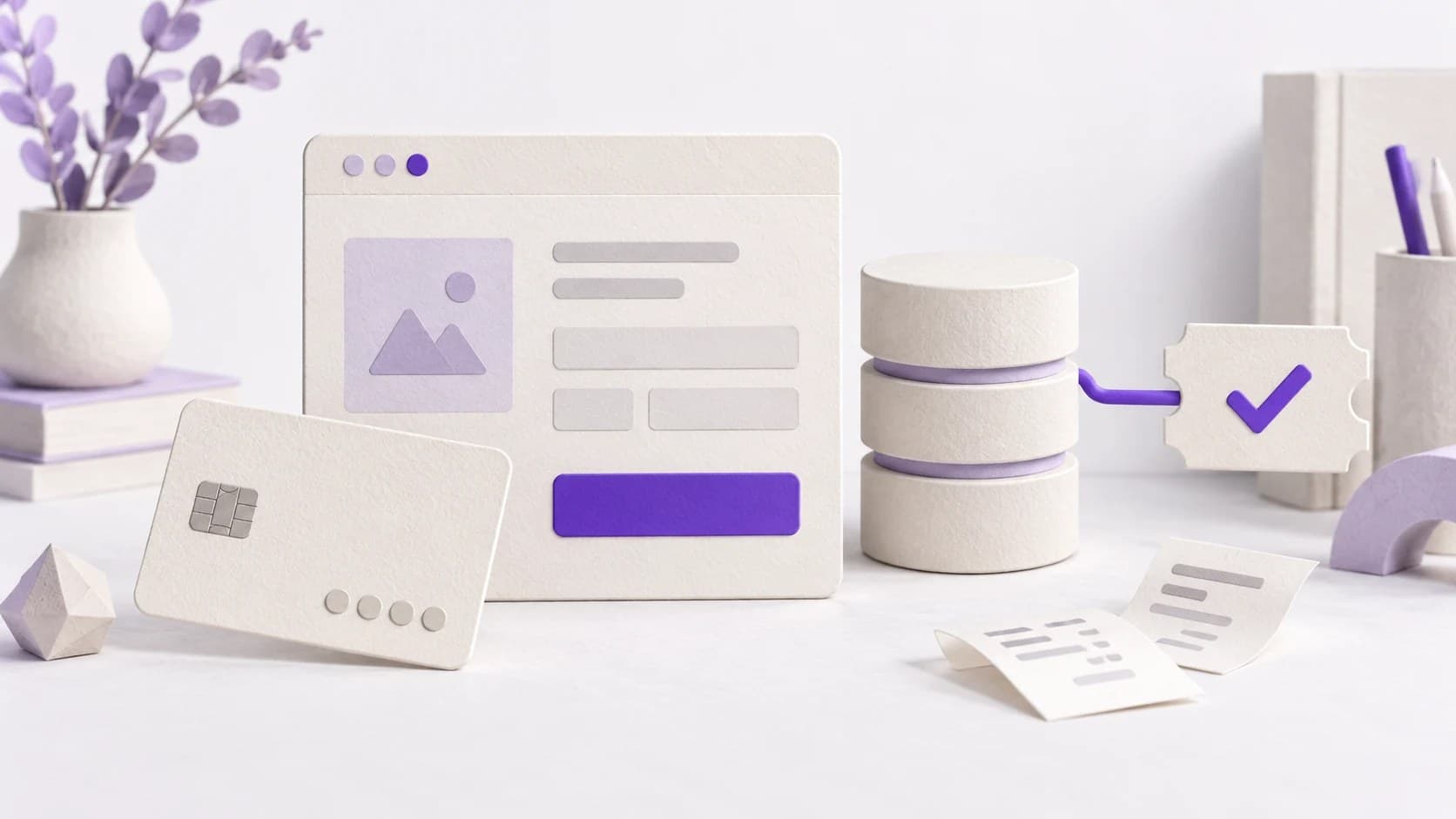 Une carte bancaire, une page de paiement, une base de données reliée à un ticket validé et deux reçus, en papier découpé blanc et violet.