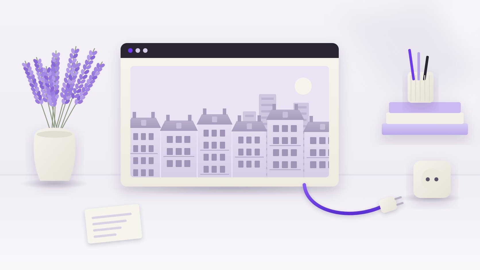 Sur un bureau clair, une fenêtre en papier ivoire montre des immeubles parisiens aux fenêtres éteintes ; son câble violet est débranché, la prise posée à côté de la prise murale.