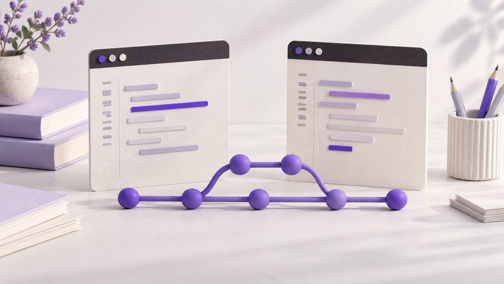 Deux fenêtres de code en papier ivoire encadrent une branche violette qui quitte la ligne principale, puis la rejoint.