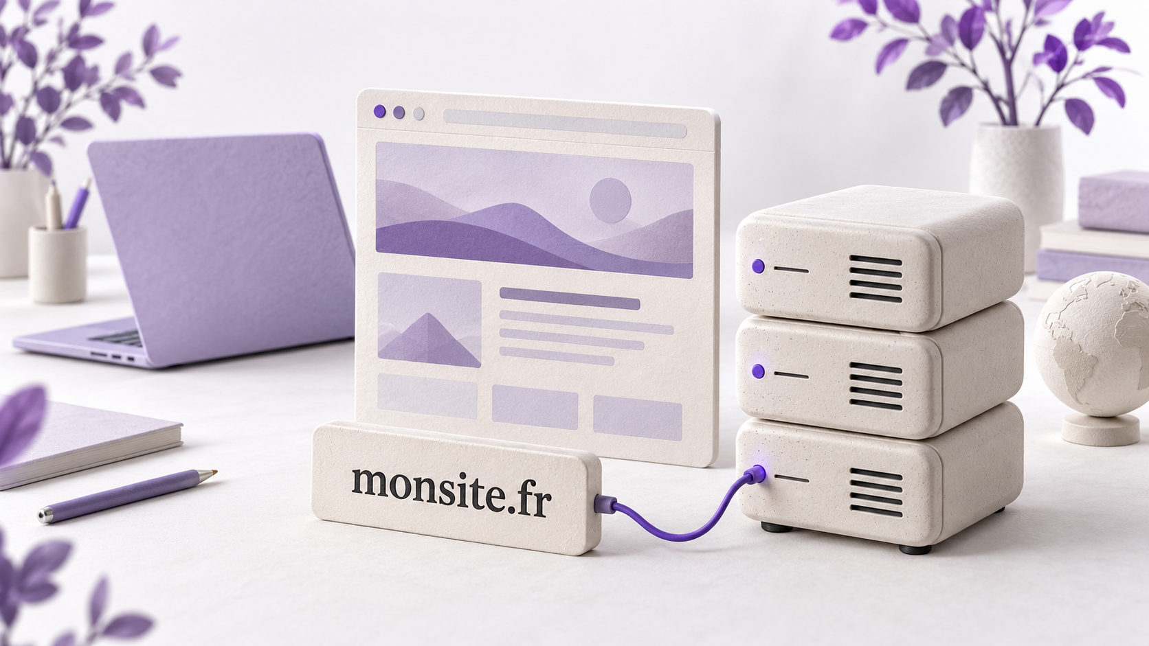 Sur un bureau clair, une plaque portant l’adresse monsite.fr est reliée par un câble violet à une pile de trois serveurs, devant la maquette d’une page web.