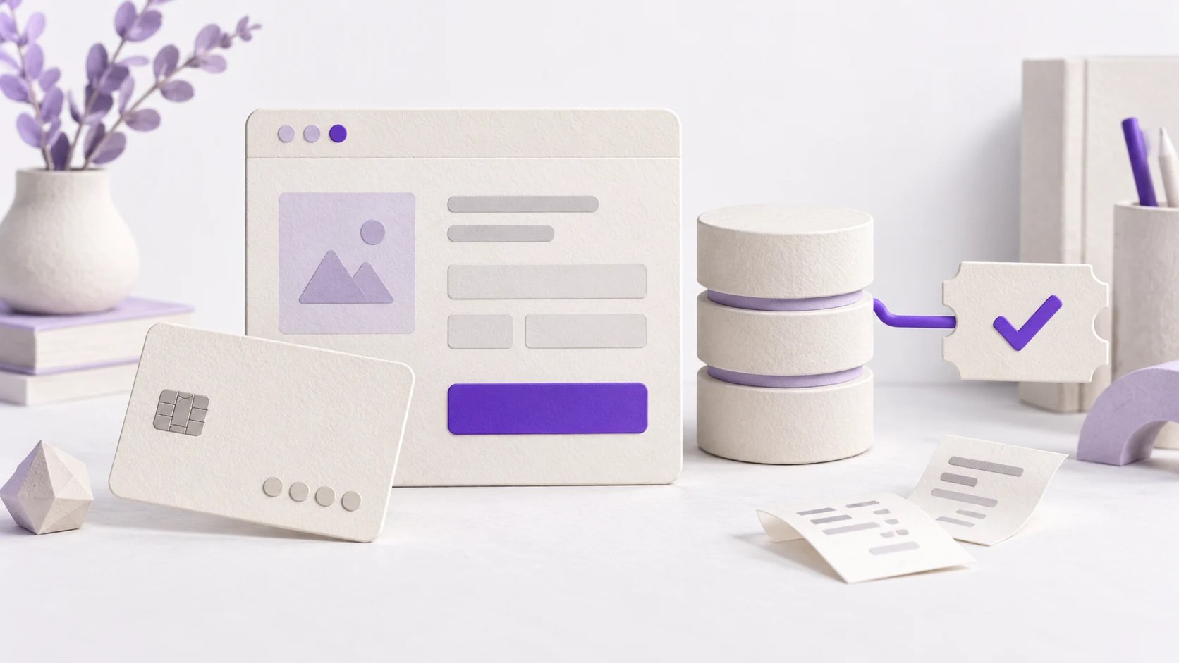 Une carte bancaire, une page de paiement, une base de données reliée à un ticket validé et deux reçus, en papier découpé blanc et violet.